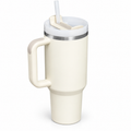 White tumbler with handle, lid and straw — hero