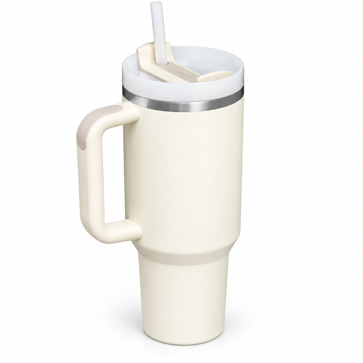 White tumbler with handle, lid and straw — hero