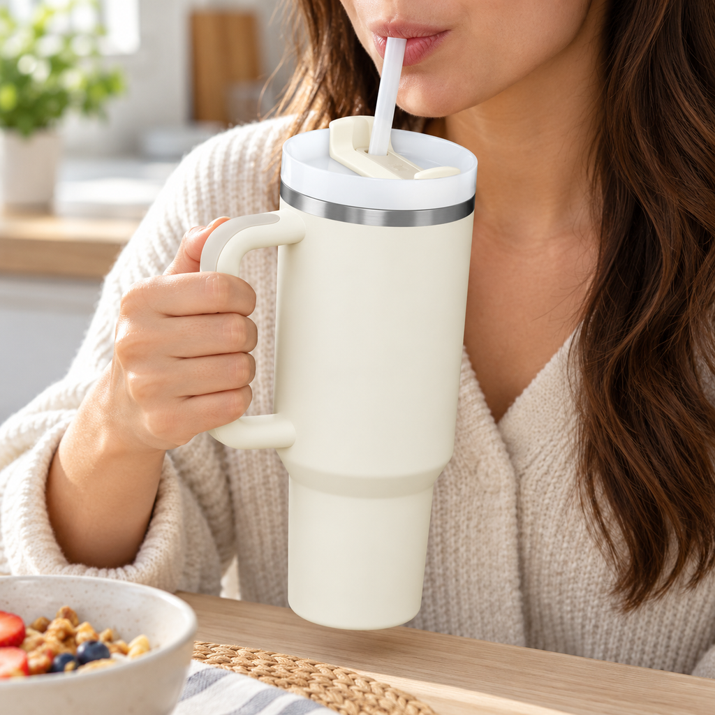 White tumbler with handle, lid and straw — use