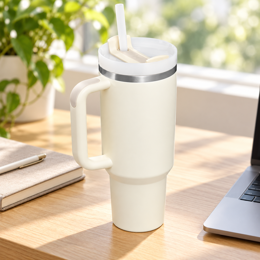 White tumbler with handle, lid and straw — setting