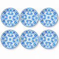 Six indigo blue floral melamine plates on white