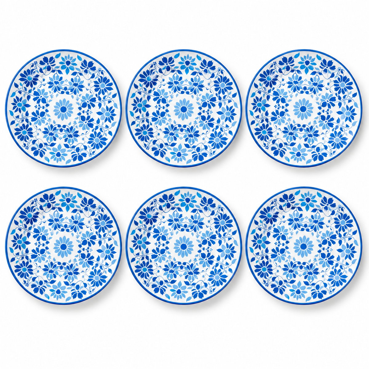 Six indigo blue floral melamine plates on white