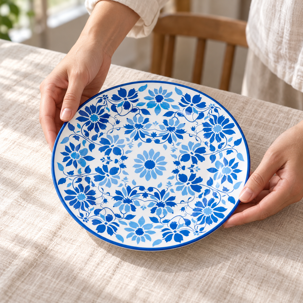 Hands holding an indigo blue floral salad plate
