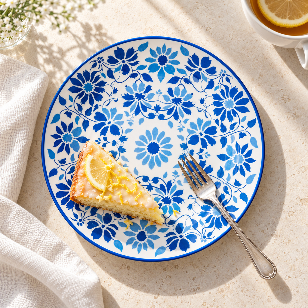 Top-down blue floral plate with a lemon cake slice