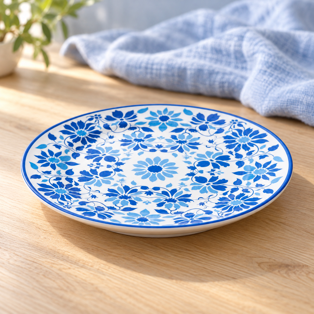 Low angled profile of blue floral melamine plate