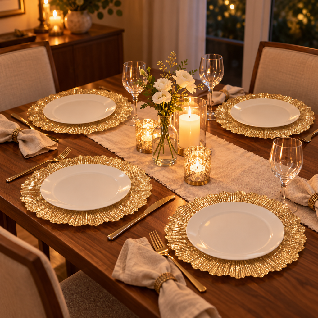 Four-place candlelit setting with gold glass chargers and separate white dinner plates