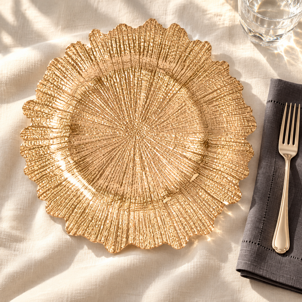 Top-down gold sunburst charger on linen