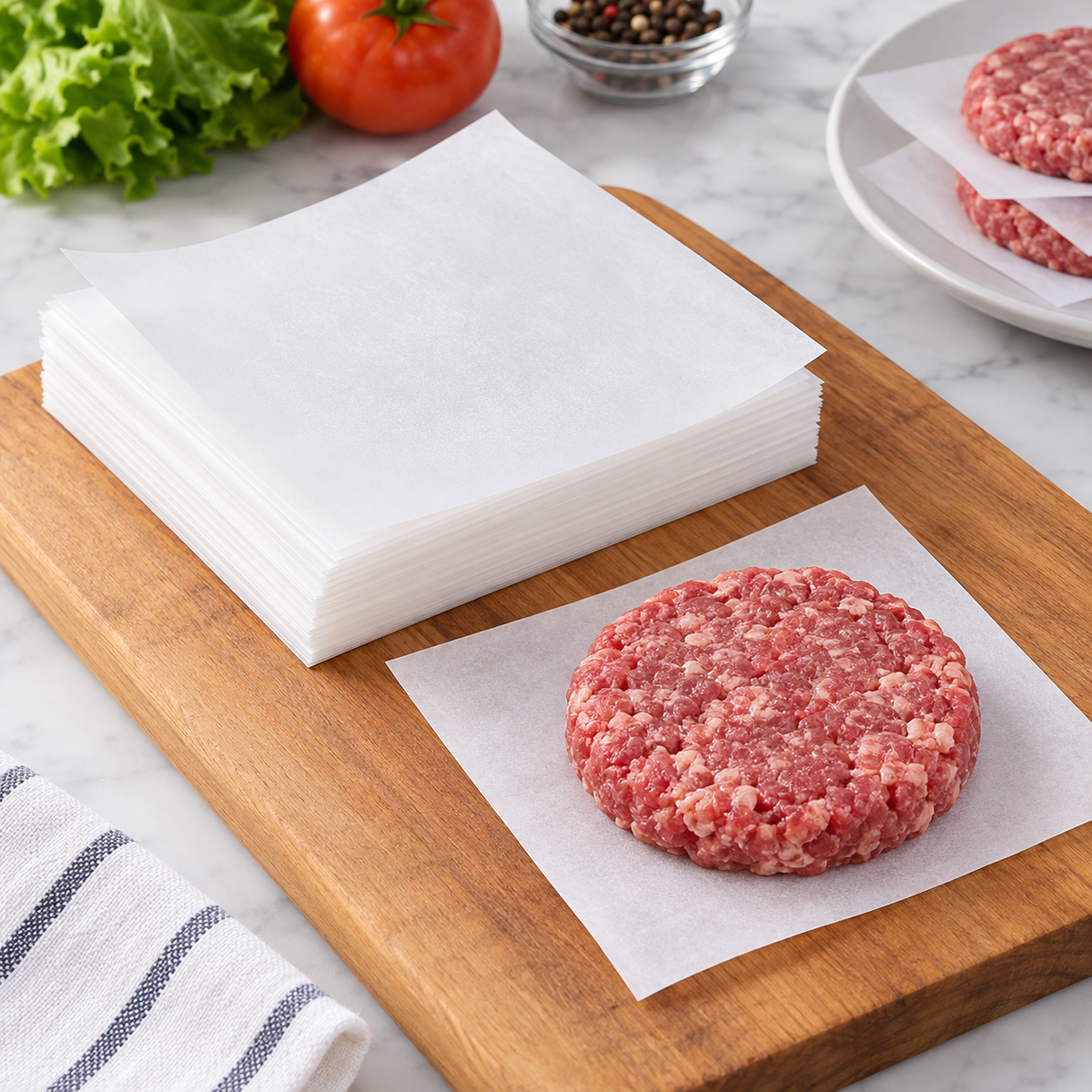 Raw burger patty on a white square sheet beside the stack. Food, board and utensils are styling props, not included.