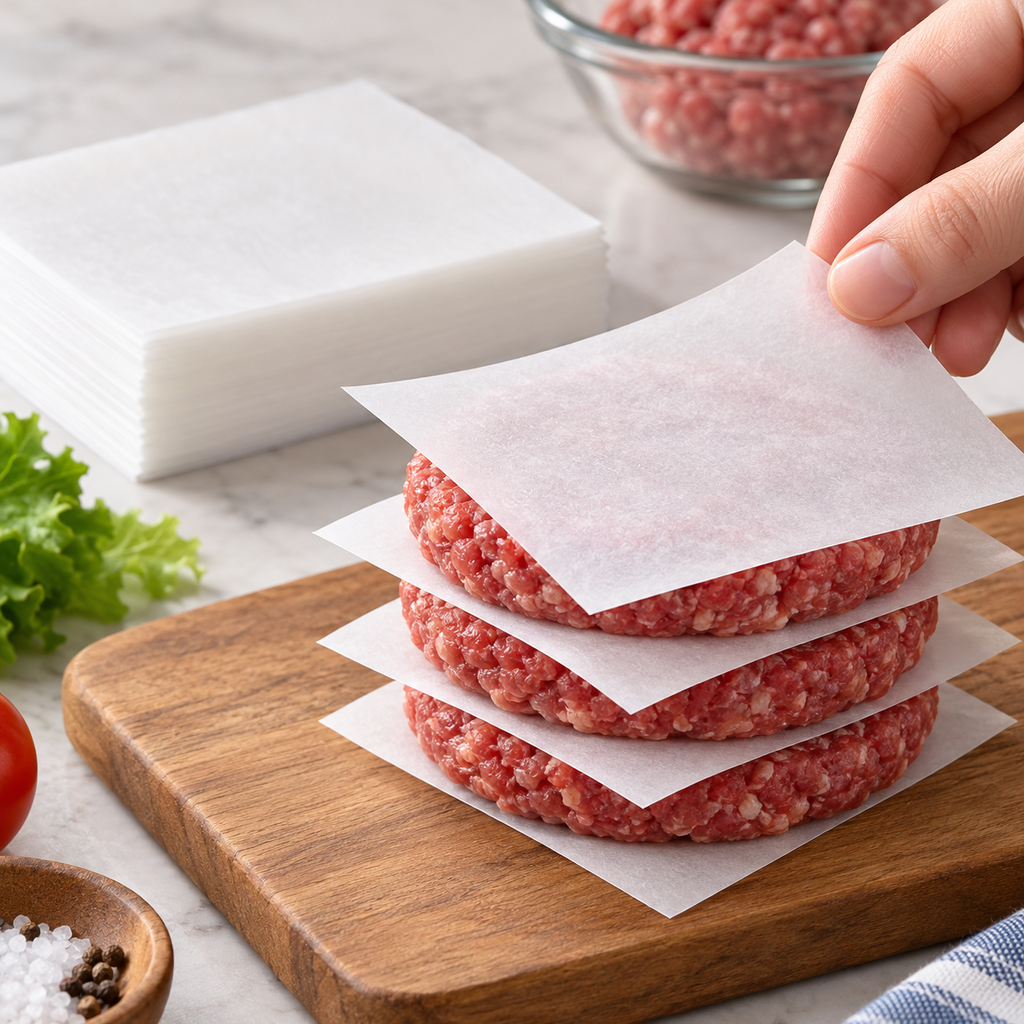 Adult hand placing a white square sheet between room-temperature burger patties. Food and utensils are not included.