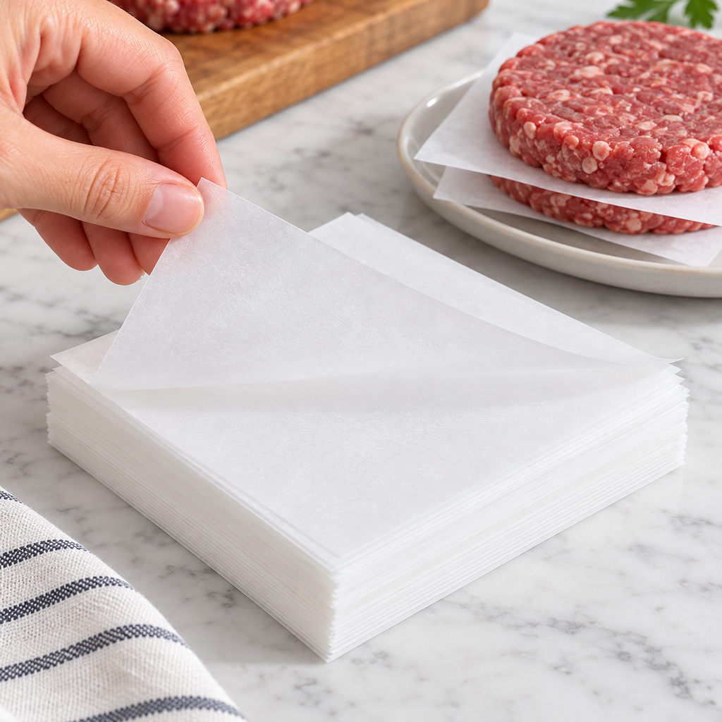 Adult fingers lifting one thin white square sheet from the stack.