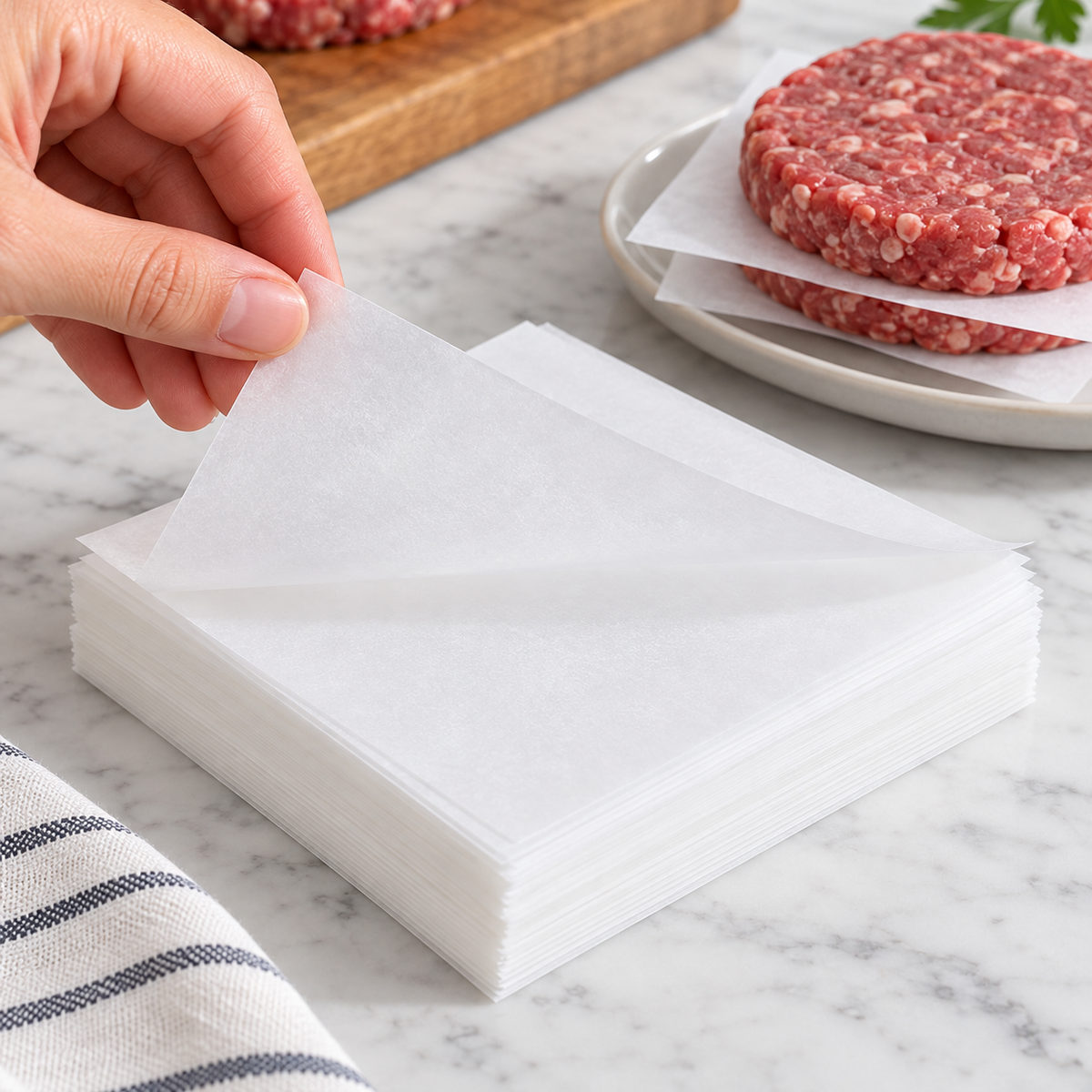 Adult fingers lifting one thin white square sheet from the stack.