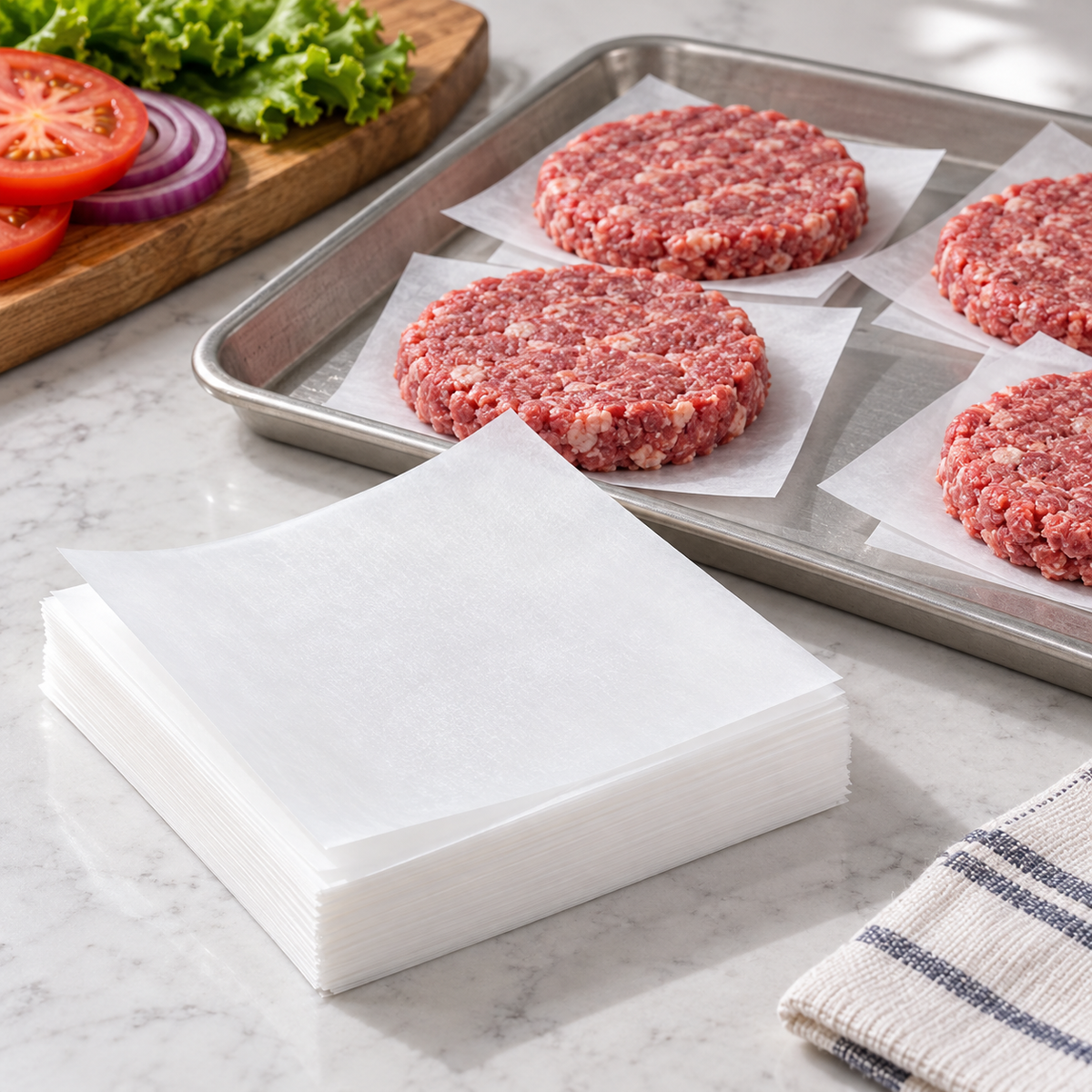 White square sheets beneath separate raw patties on a preparation tray. Food, tray and utensils are props.