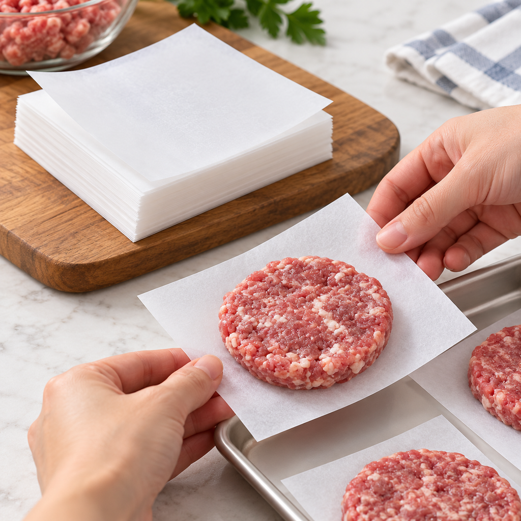 Adult hands moving a paper-backed patty to a preparation tray. White sheets shown; food and tray are not included.