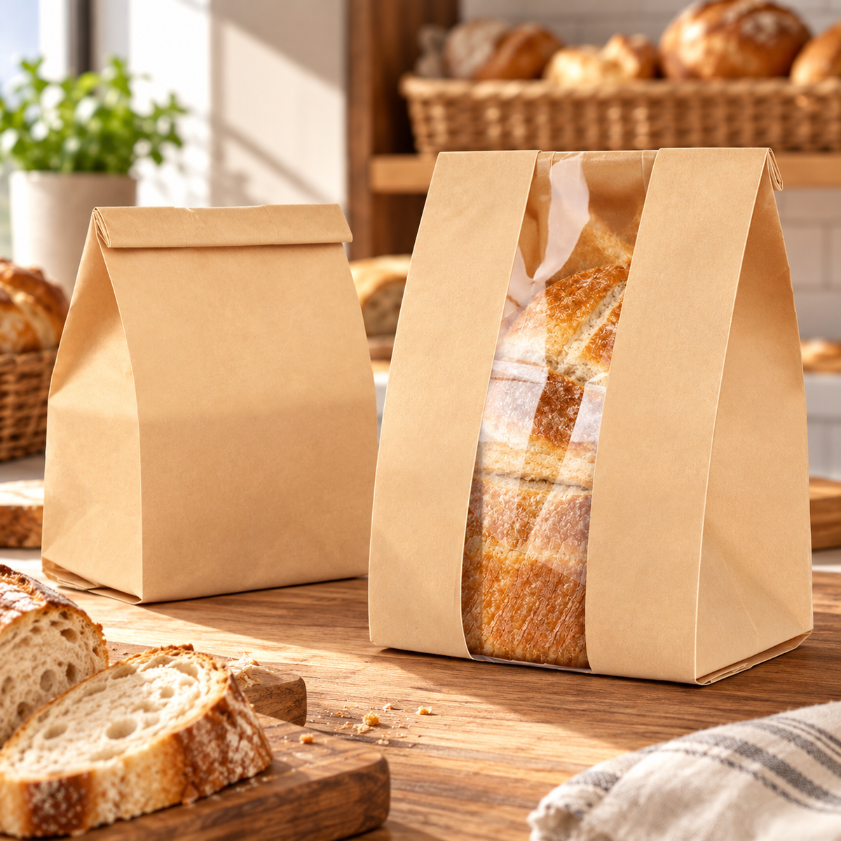 Large window-front kraft bread bag and smaller plain-front bag at a bakery counter. Bread and tableware are not included.
