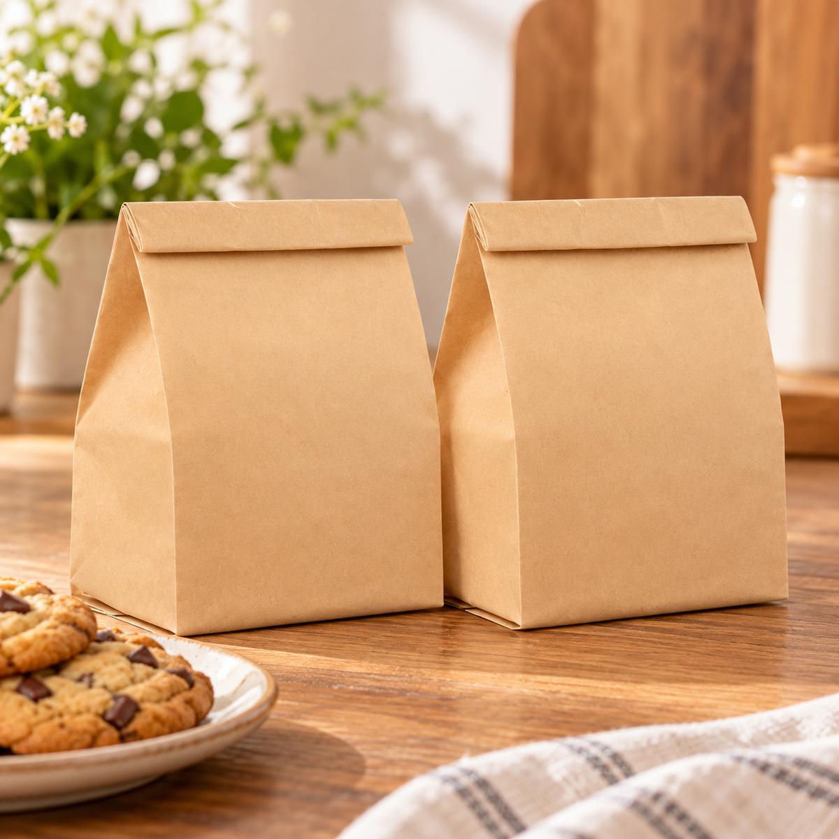 Two matching smaller plain-front kraft bags with folded tops beside cookies. Food and tableware are props.