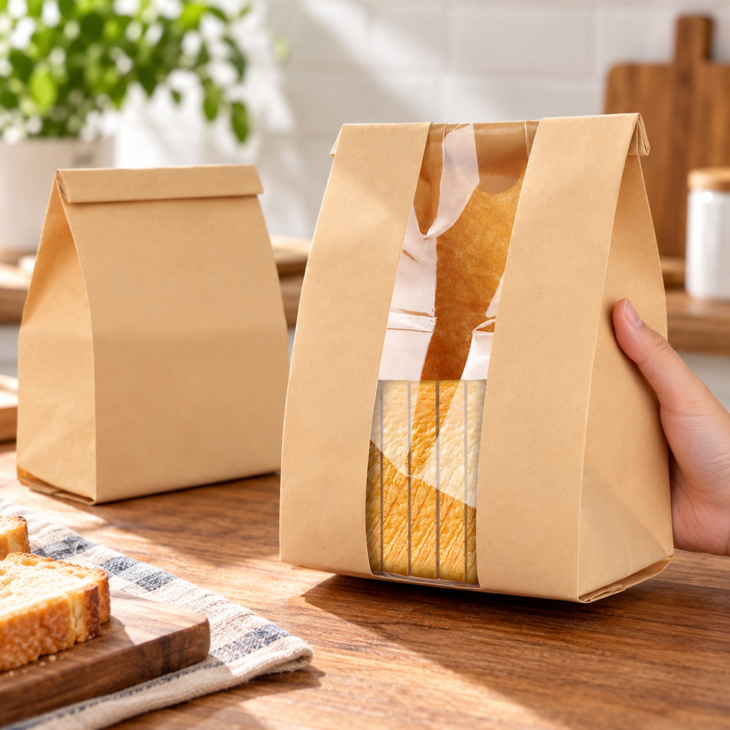 Adult hand supporting the large kraft bag with its tall clear front window visible. Bread is a prop, not included.