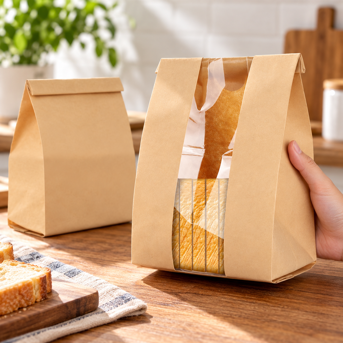 Adult hand supporting the large kraft bag with its tall clear front window visible. Bread is a prop, not included.