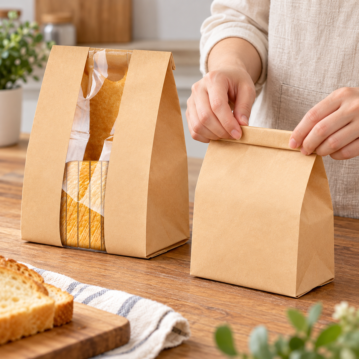 Adult hands folding the top of the smaller plain kraft bag beside a large window bag. Bread is a styling prop.