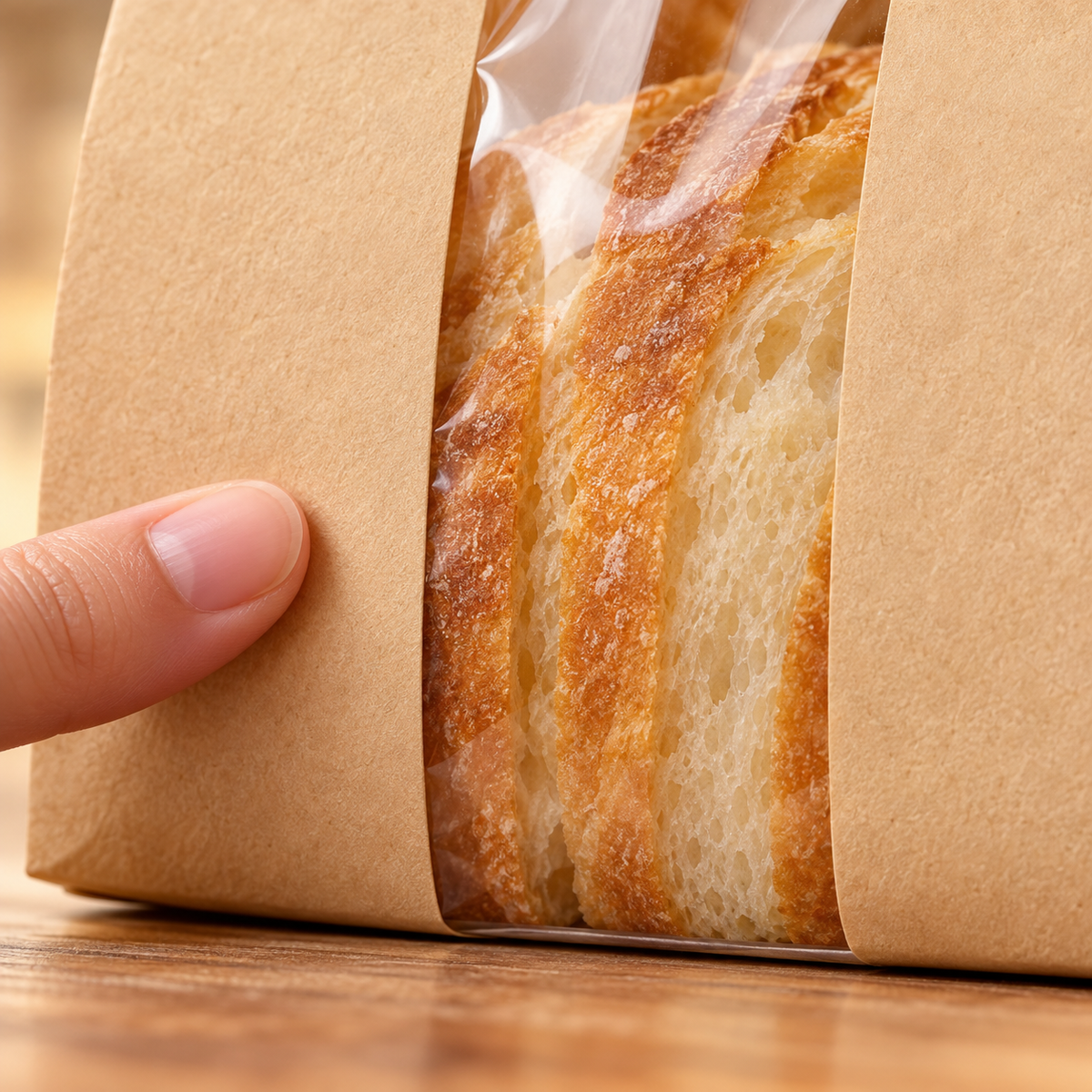 Close detail of the tall clear window and kraft paper border on the large bread bag. Bread is a prop, not included.