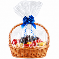 Clear basket bag gathered with a metallic blue bow on white. Pack includes 30 bags and 30 blue bows; basket and fruit are props, not included.