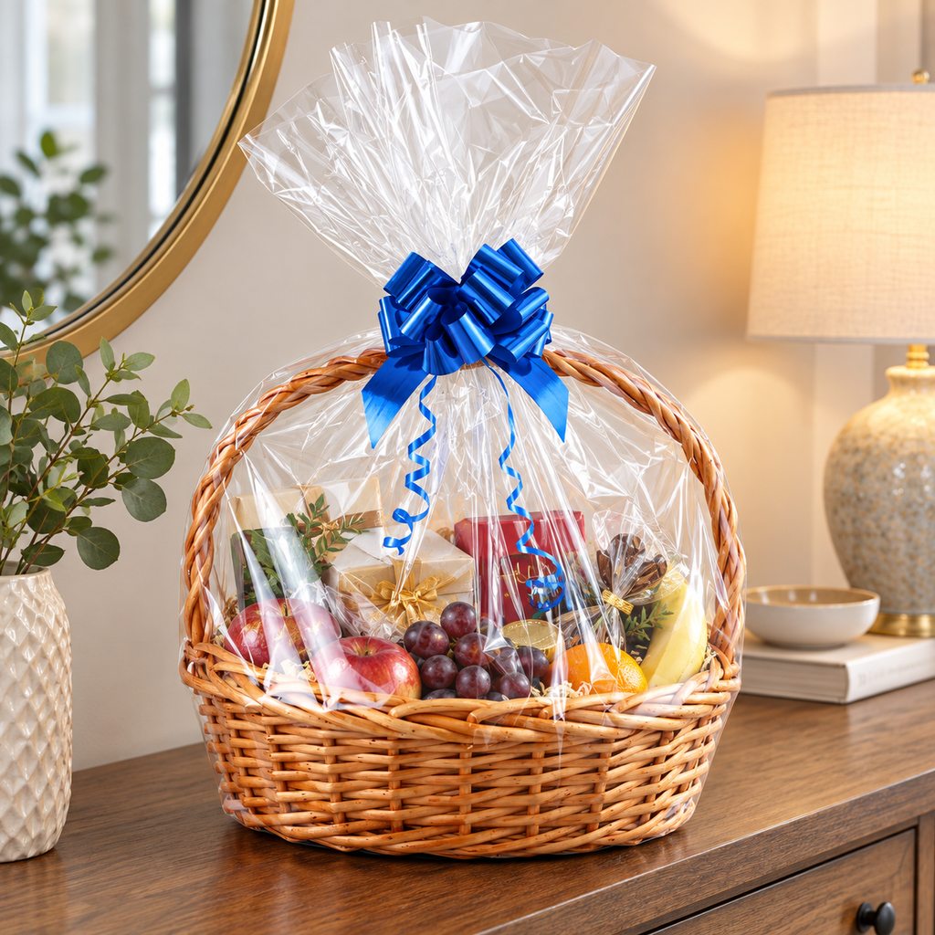 Clear basket bag with blue bow used for a gift hamper. Basket, gifts and fruit are styling props, not included.