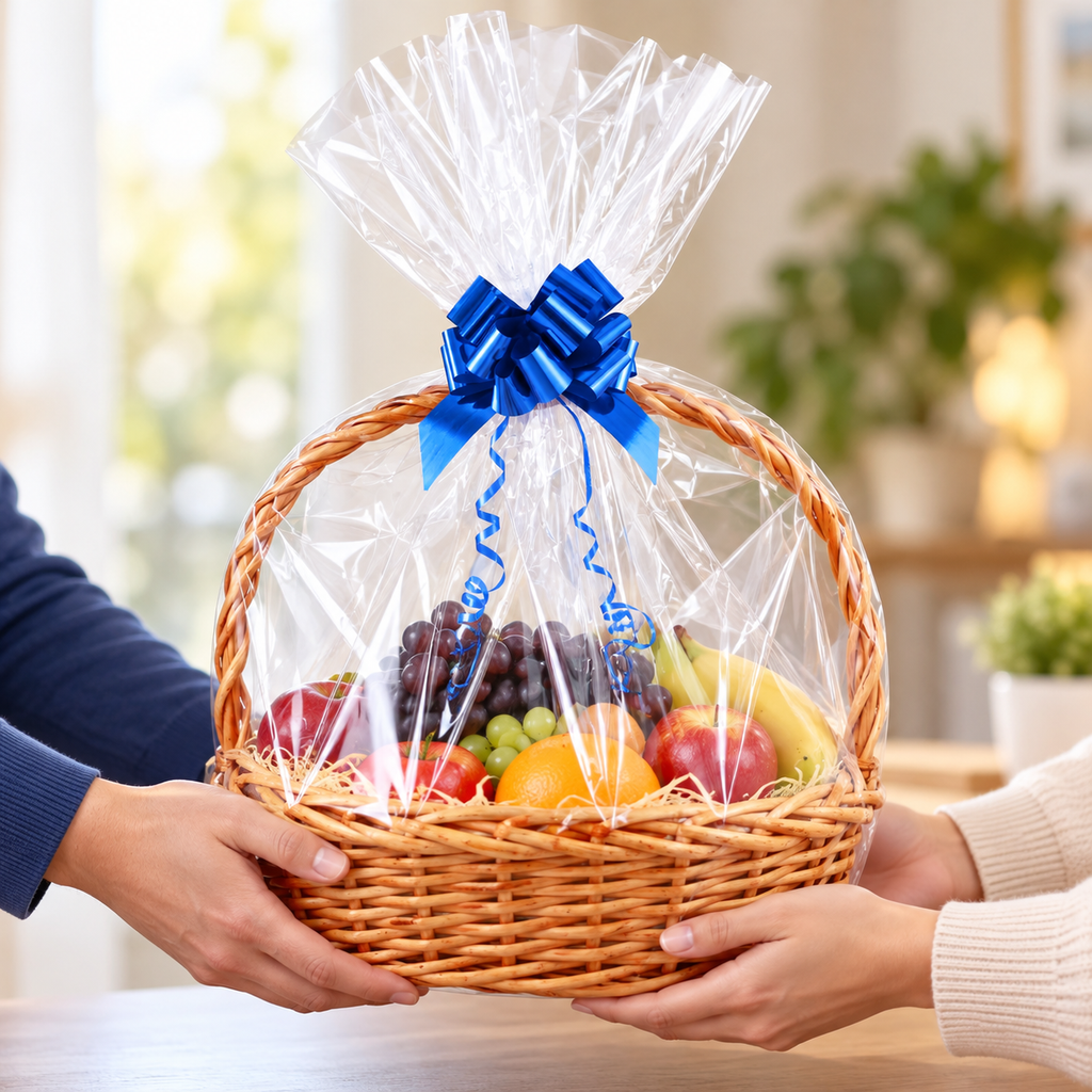 Adults supporting a wrapped basket at its base during handover. Clear bag and blue bow shown; basket and fruit are not included.