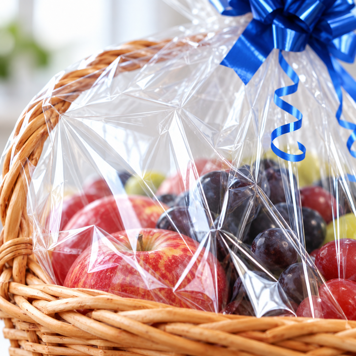 Close view through the transparent basket bag film toward fruit, with blue ribbon visible. Basket and fruit are not included.