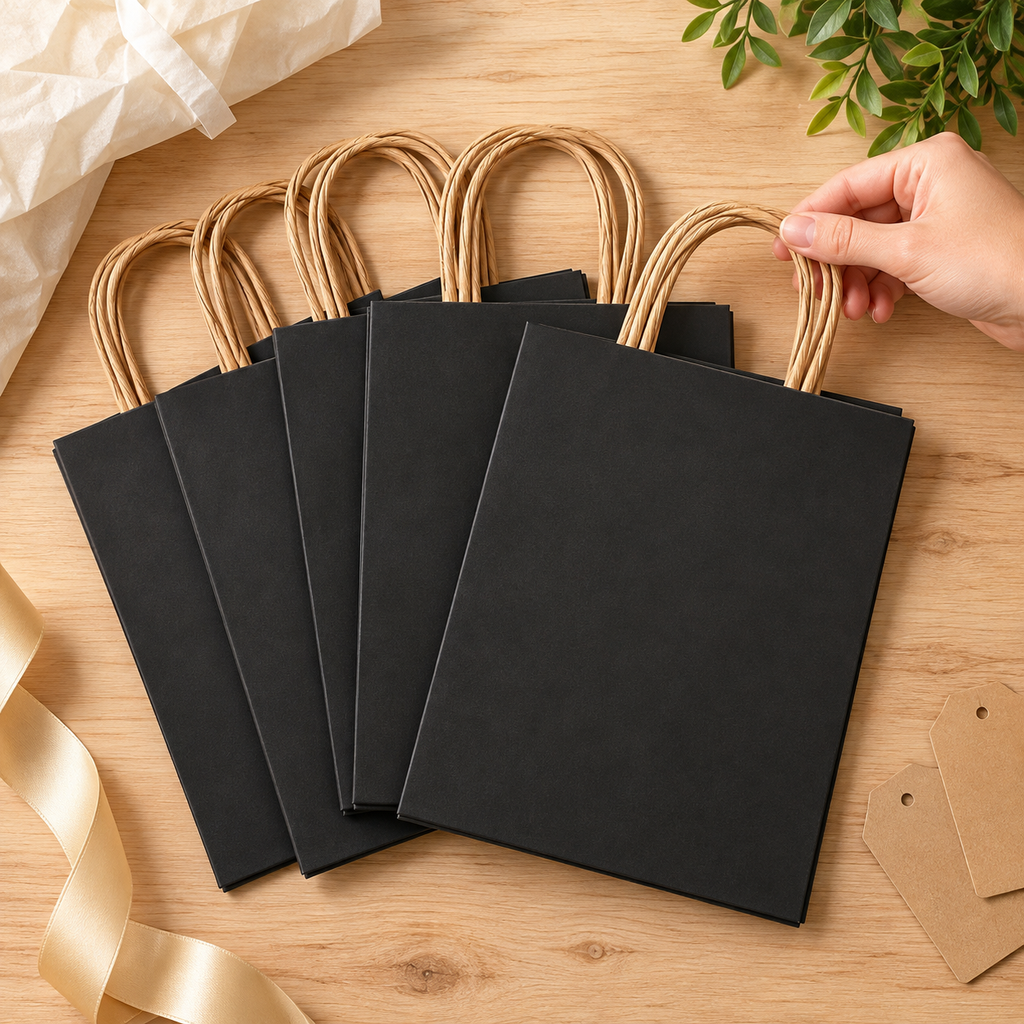 Folded black gift bags arranged for wrapping, with an adult hand at a natural-paper handle. Tissue and tags are props.