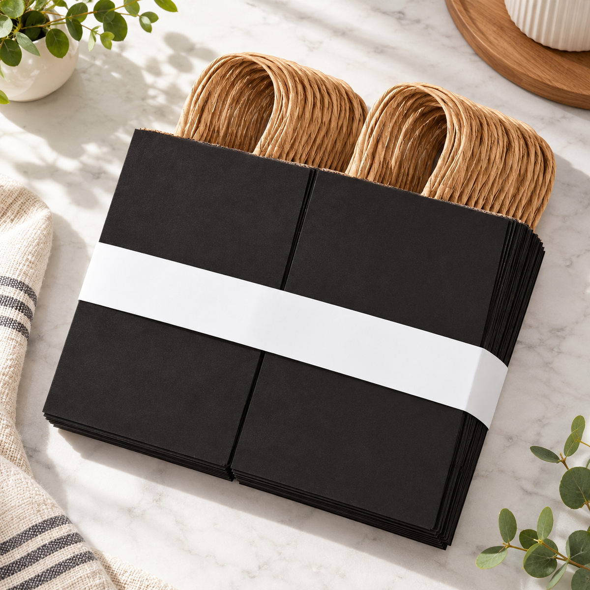 Flat bundled black kraft gift bags viewed from above, with natural-paper handles.