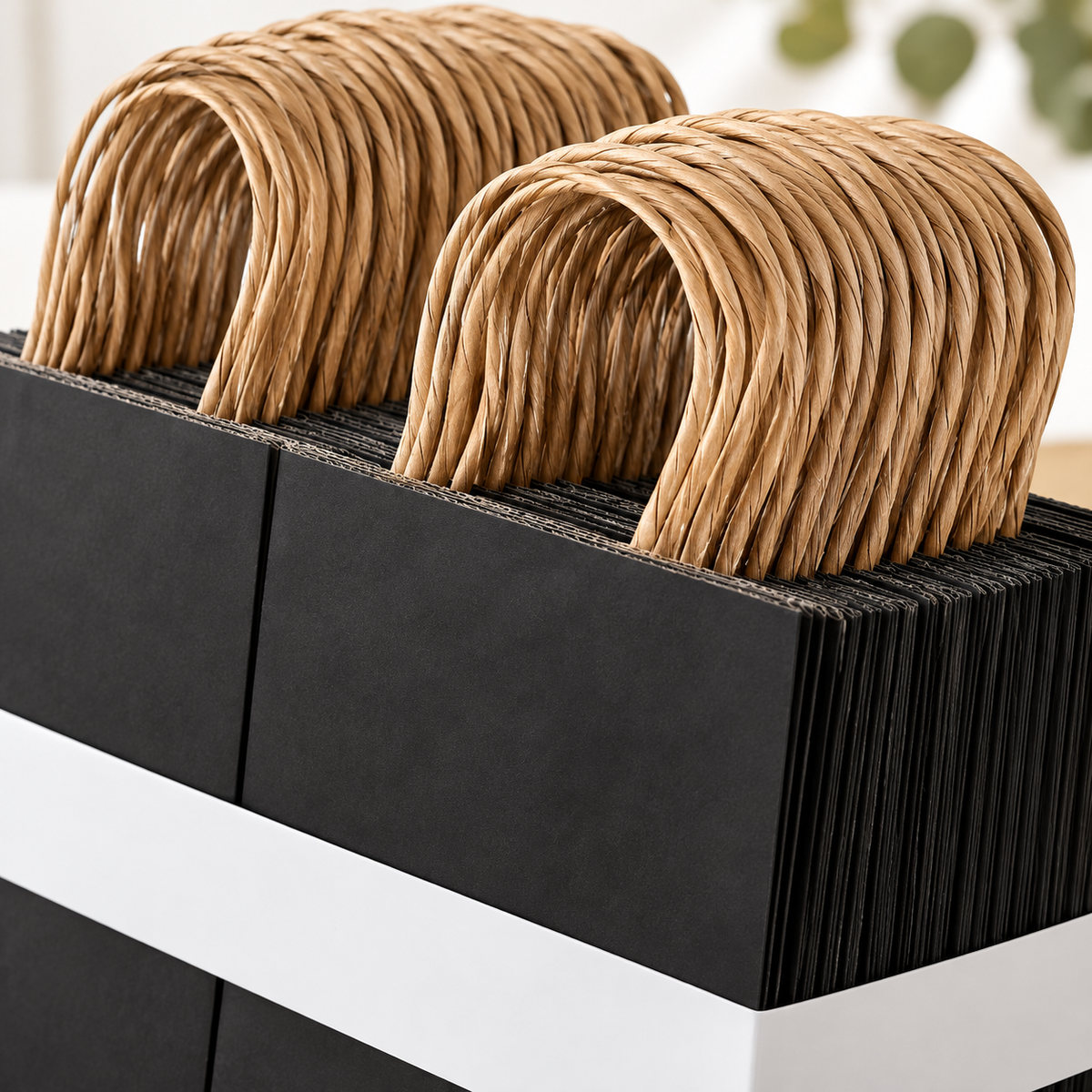 Close detail of natural twisted-paper handles and folded matte-black bag fronts.