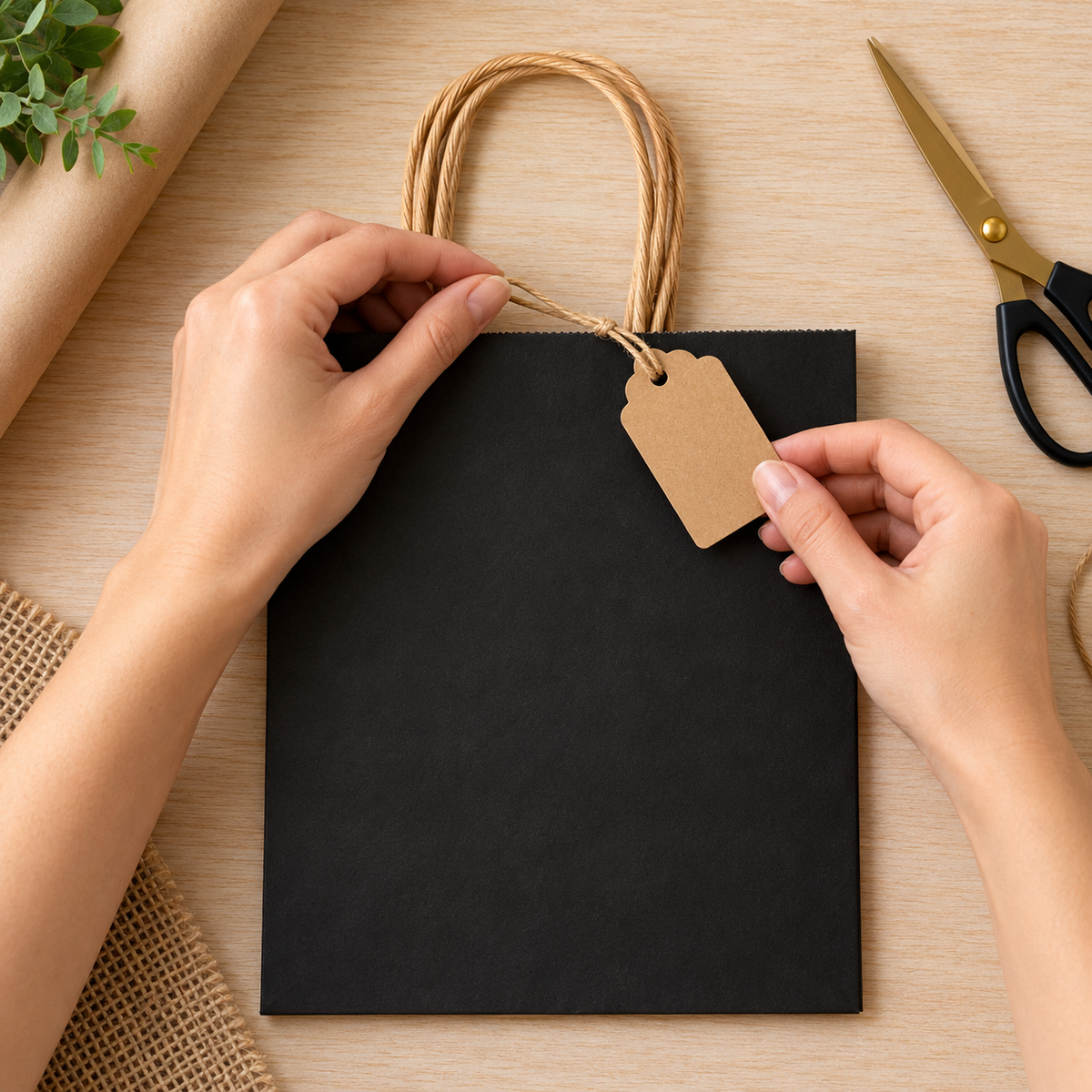 Adult hands tying a removable blank tag to a single folded black gift bag. Tag, string and tools are not included.