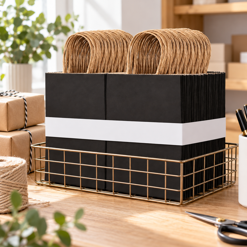 Folded black gift bags at a wrapping station. Organizer and wrapped gifts are props, not included.