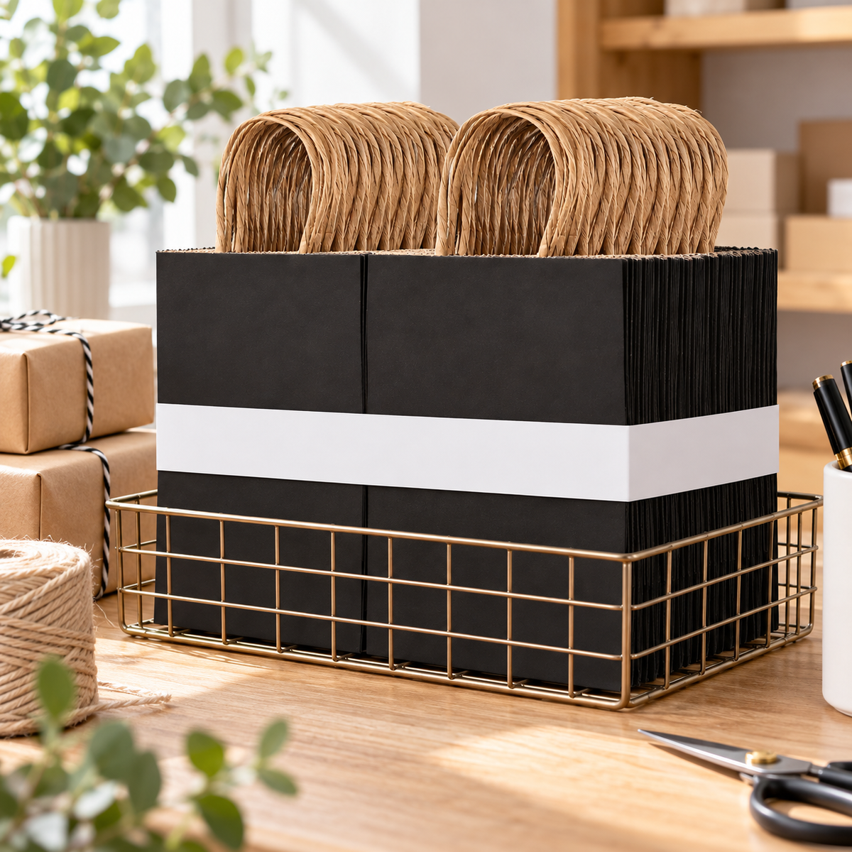 Folded black gift bags at a wrapping station. Organizer and wrapped gifts are props, not included.