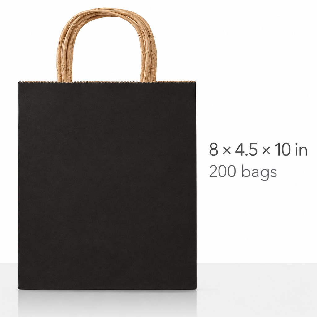 Black gift bag size: 8 x 4.5 x 10 in. Selling unit: 200 bags. Bag shown folded.