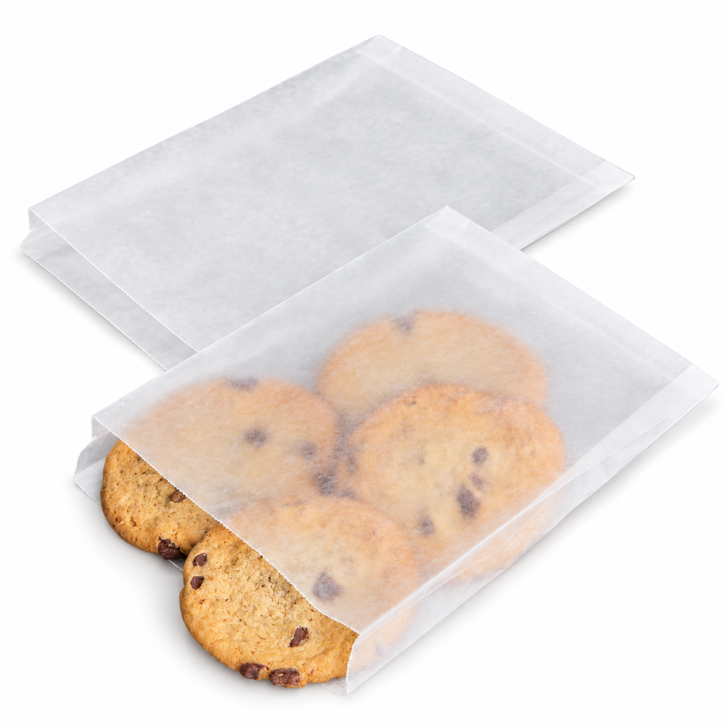 White translucent waxed sandwich bags on white; representative pair from the 100-bag pack. Cookies are styling props, not included.