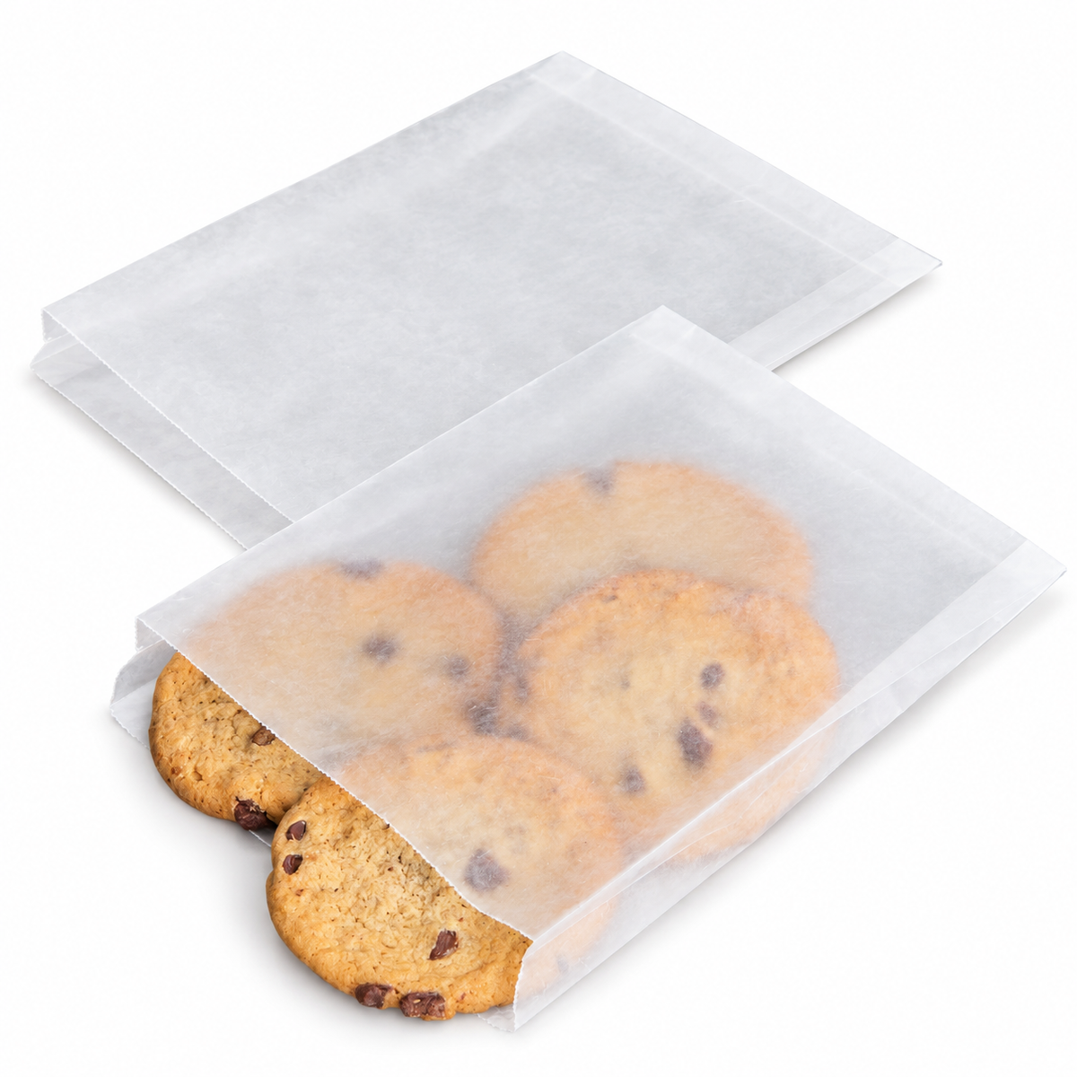 White translucent waxed sandwich bags on white; representative pair from the 100-bag pack. Cookies are styling props, not included.