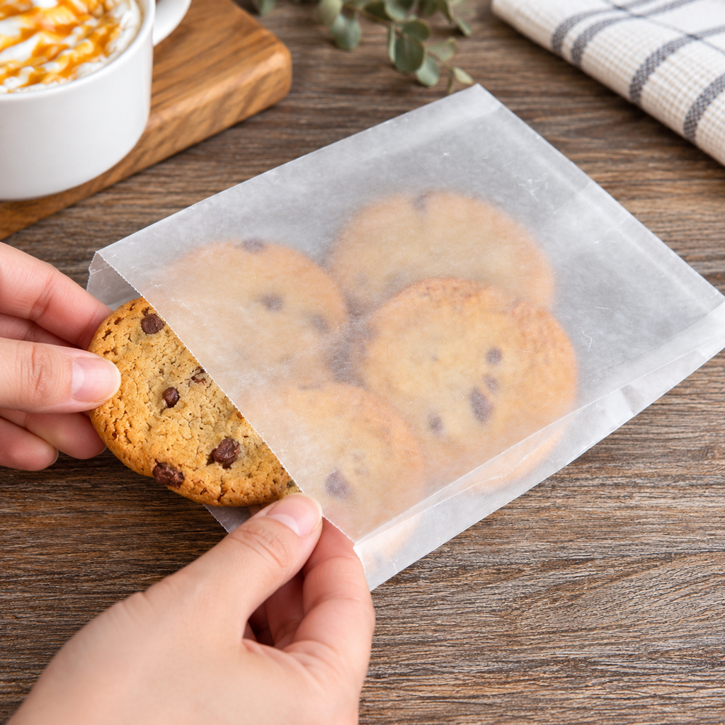 Adult hands inserting a cookie into an open-mouth waxed sandwich bag. Food and tableware are not included.