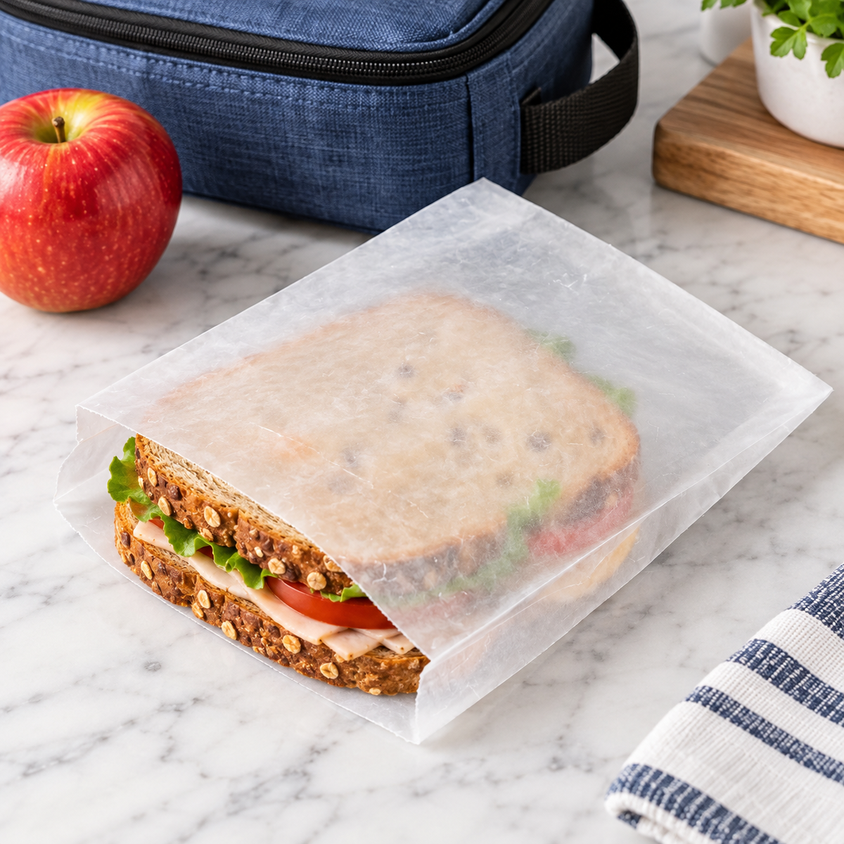 Translucent waxed sandwich bag holding a sandwich beside a lunch bag. Food and lunch bag are props.