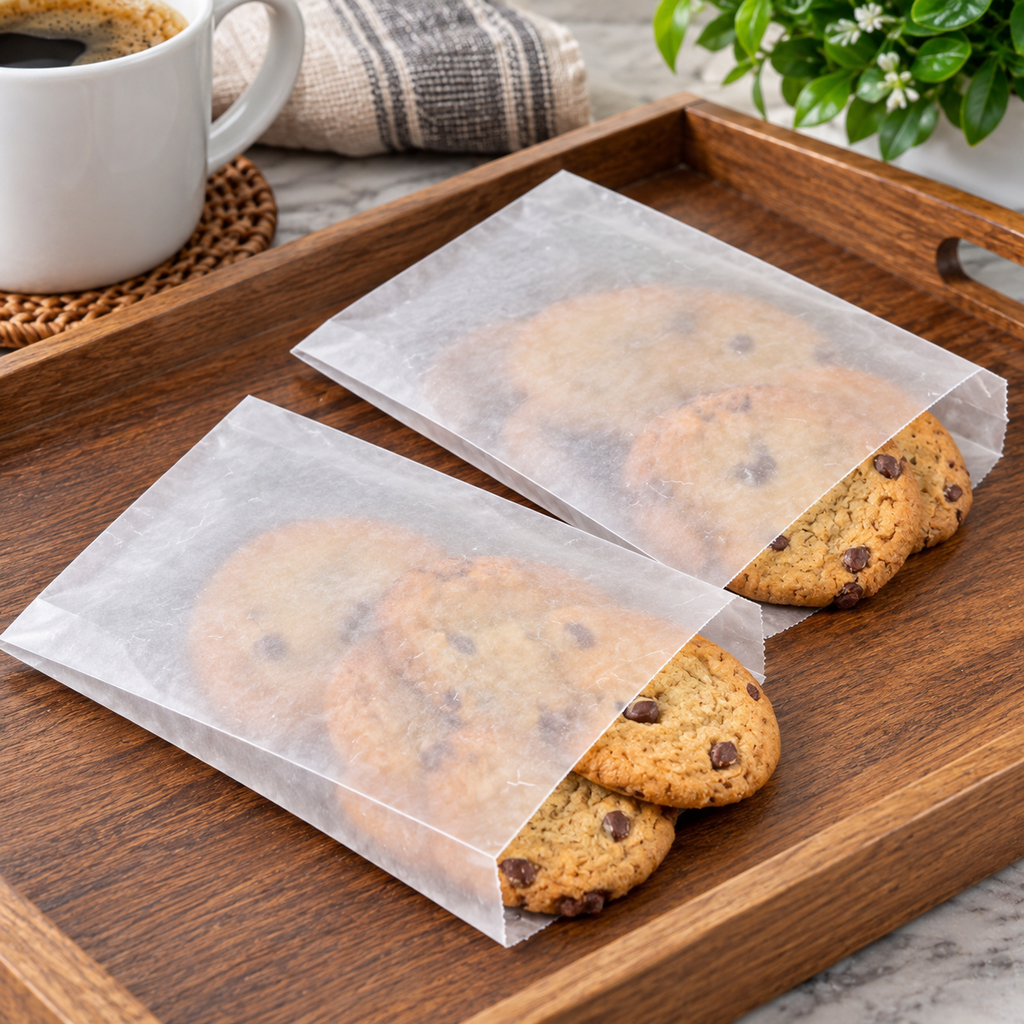 Two waxed cookie bags on a serving tray. Food, tray and cup are props, not included.