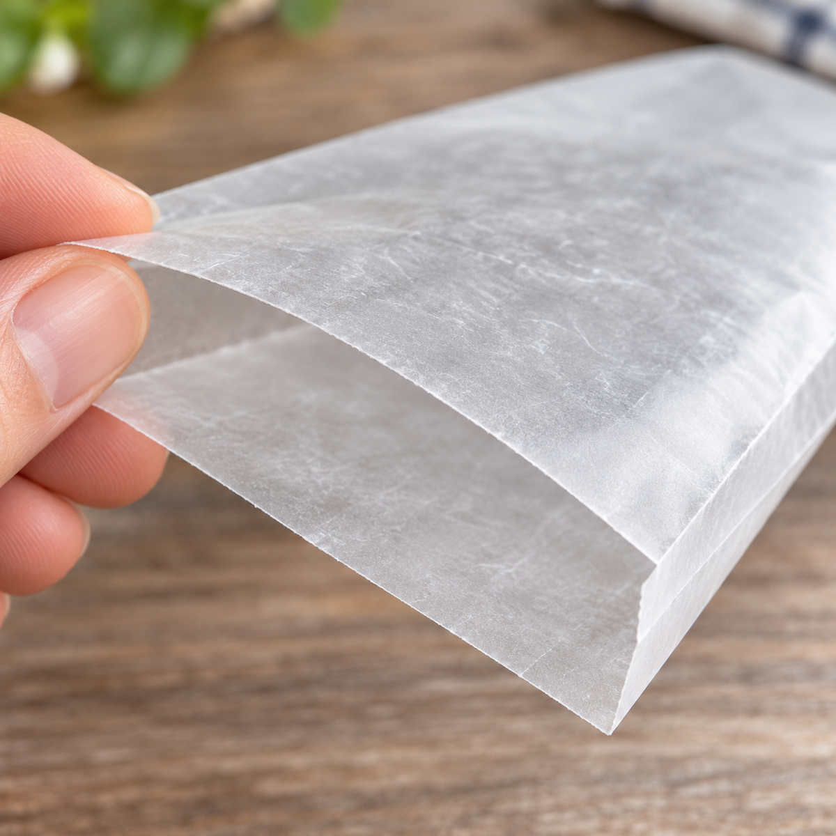 Close detail of the translucent waxed bag opening and narrow joined edge held between adult fingers.