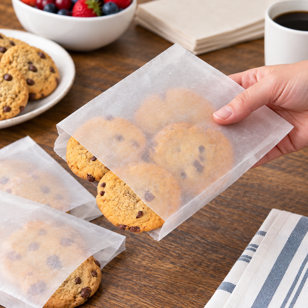 Adult hand offering a waxed cookie bag at a snack table. Food and tableware are props.