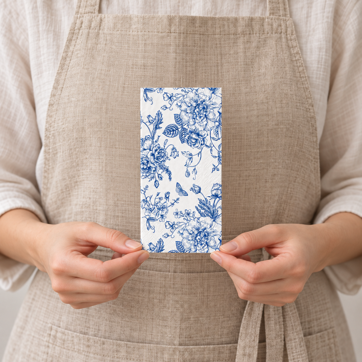 Single folded blue wildflower guest napkin held by its lower corners
