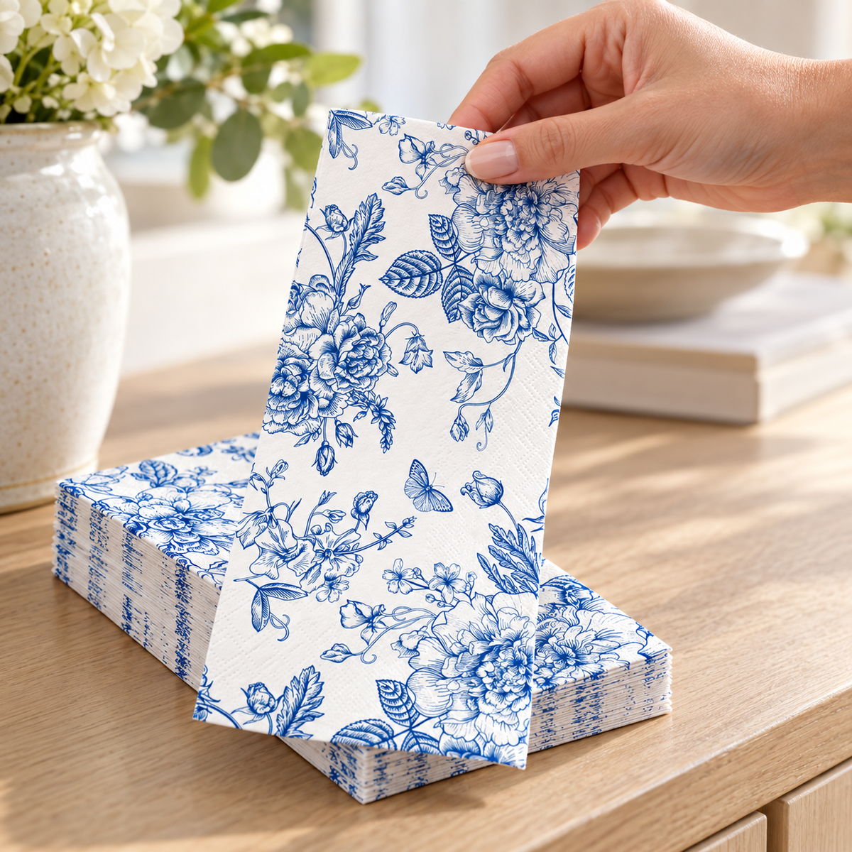 Hand lifting one folded blue wildflower guest napkin from a stack; styling accessories not included