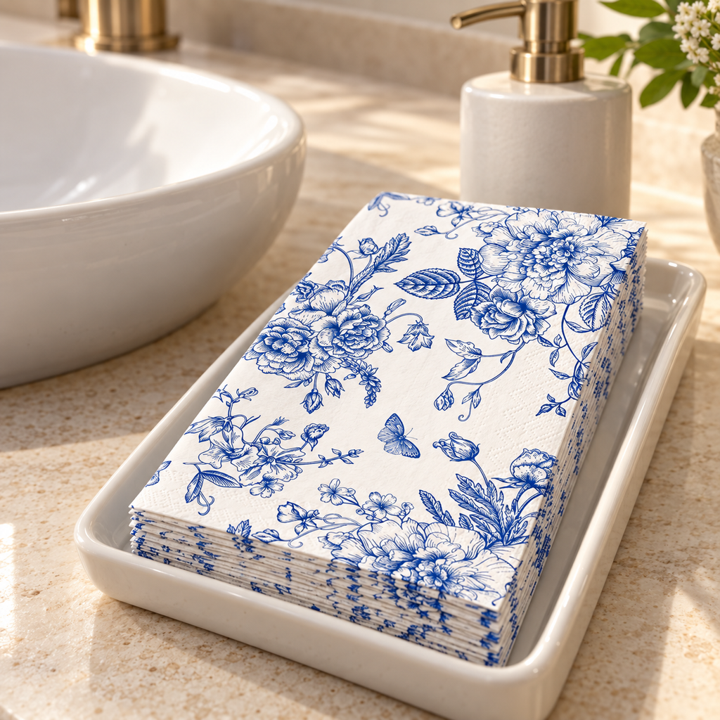 Blue wildflower folded paper guest napkins beside a washbasin; styling tray and accessories not included