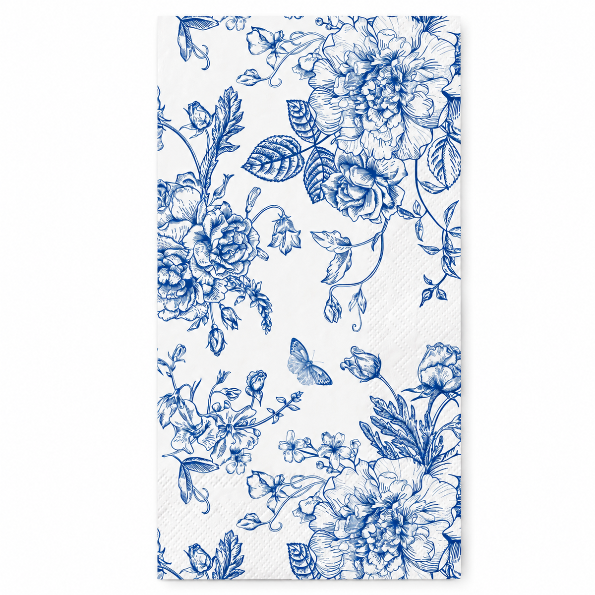 Single folded rectangular guest napkin with blue botanical flowers and butterflies on white