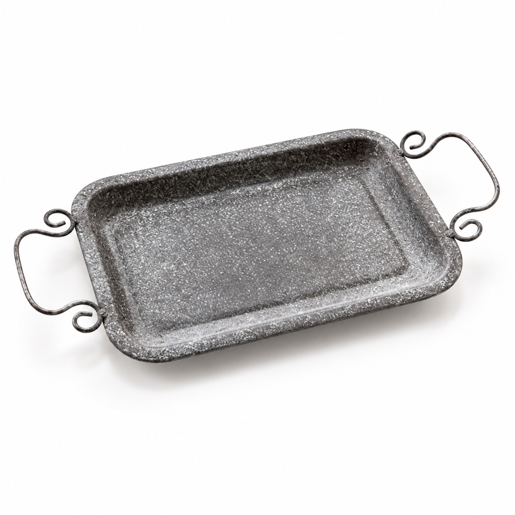 Grey textured iron tray with two curled handles; scene props and serving plates not included