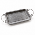 Grey textured iron tray with two curled handles; scene props and serving plates not included