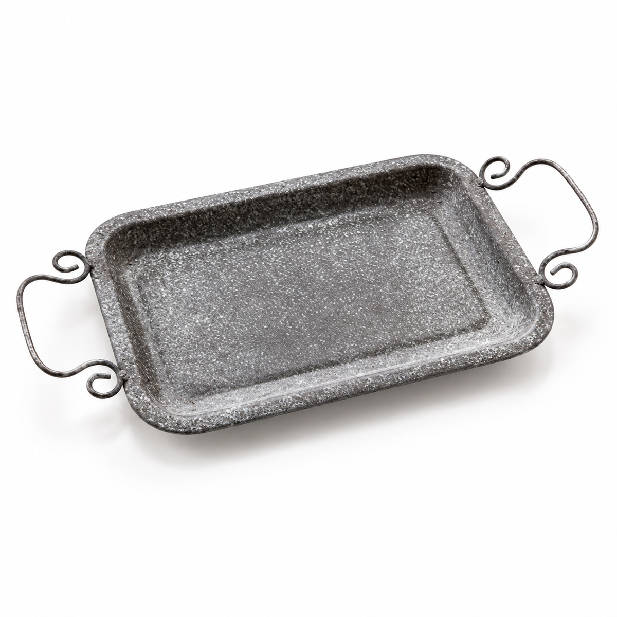 Grey textured iron tray with two curled handles; scene props and serving plates not included