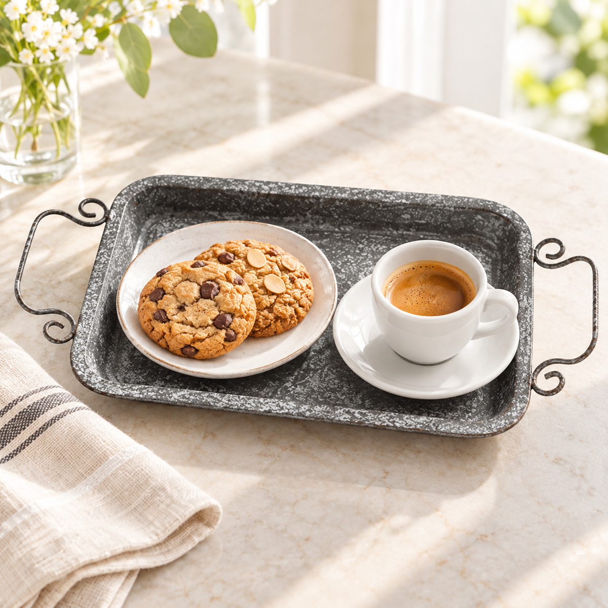Grey textured iron tray with two curled handles; scene props and serving plates not included