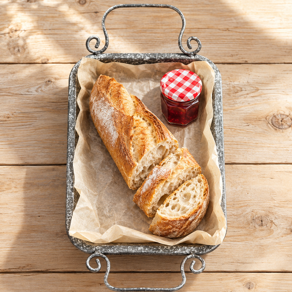 Grey textured iron tray with two curled handles; scene props and serving plates not included